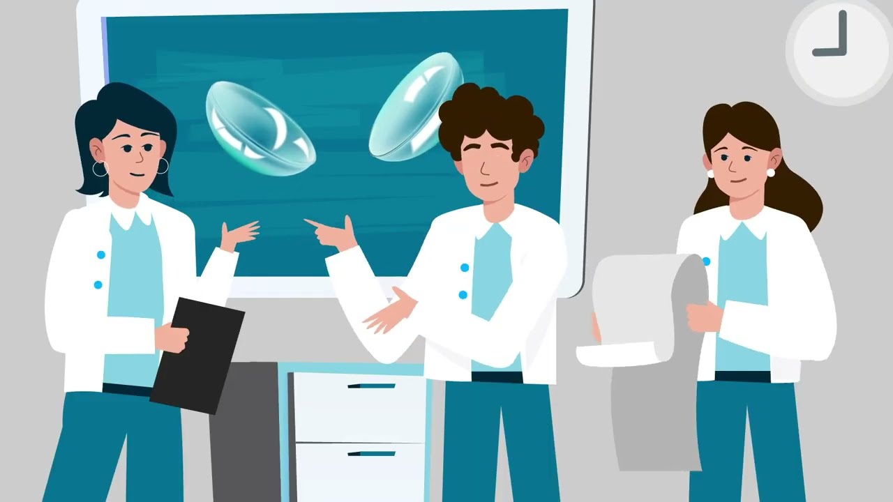 Vorschaubild für ein Video. Drei Personen in Laborkitteln, die in einem Cartoon-Stil an einem Tisch arbeiten und miteinander kommunizieren.