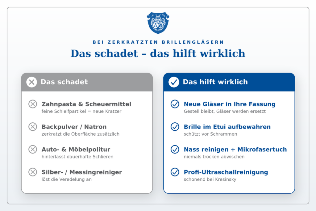 Kratzer aus Brillengläsern polieren: Hausmittel schaden, neue Gläser helfen